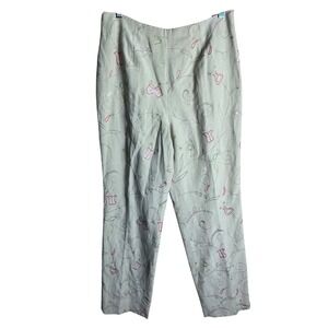 PROMINENCE Women's Linen Blend Pants Beige Floral Embroidery Size 8